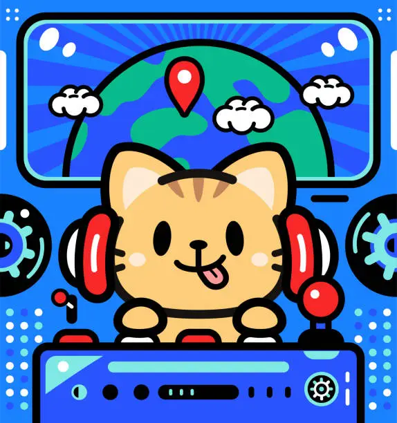 Vector illustration of A cute little cat is piloting an Unlimited Power Spaceship traveling around the world