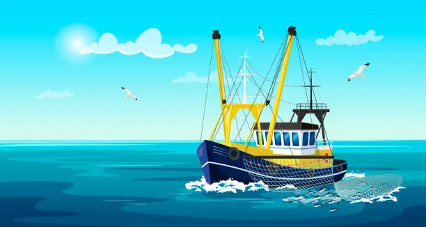 Vector illustration of Commercial fishing ship with full fish net under water. Fishing boat with fisherman working in ocean catching by seine sea food: tuna, herring, salmon. Industry vessel in seascape. Vector illustration