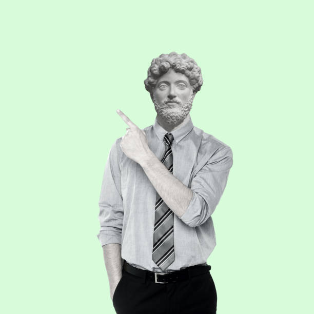 istock Contemporary art collage of a man with a statue head pointing direction. 1475213306