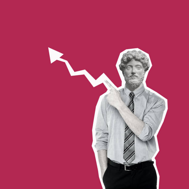 Contemporary art collage of a man with a statue head pointing direction.