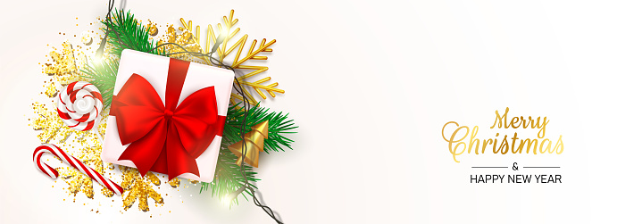 Christmas banner designed of gift box and red bow, golden snowflake, lollipops on white background. Pine branch and lights garland. Happy new year poster for card, websites banner. Vector Illustration