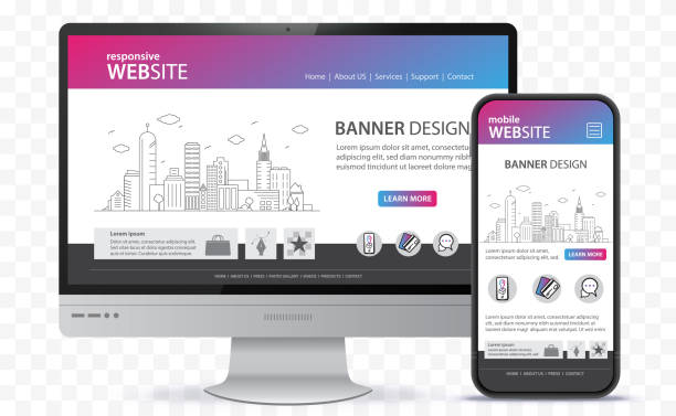 responsives website-design mit desktop-computer- und handy-bildschirm-vektor-illustration. digitale geräte auf transparentem hintergrund. - responsives webdesign stock-grafiken, -clipart, -cartoons und -symbole