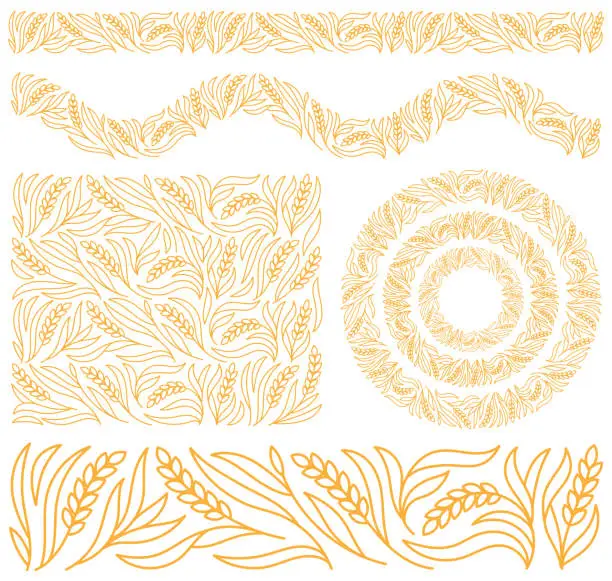 Vector illustration of Wheat design kit for bakery. Cereal ornament set. Editable outline stroke. Vector line.