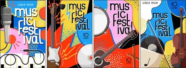 Vector illustration of Music festival colorful banner. Poster for a summer live music in jazz party. Flyer in creative style with classic sound. Template design. Drawing for event background and card. Vector illustration