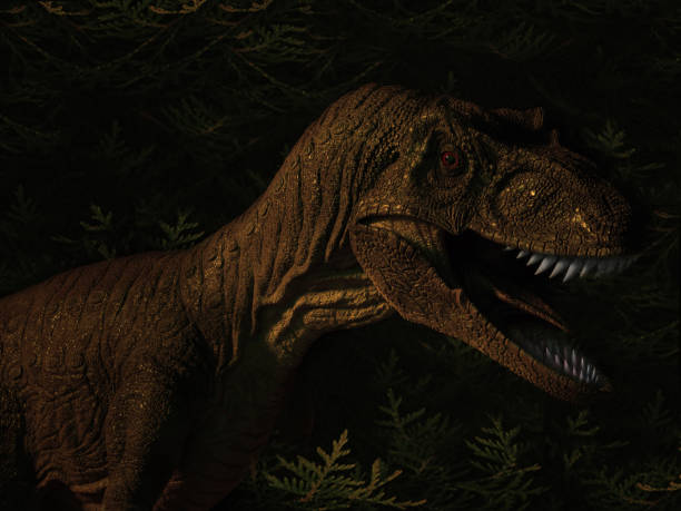 istock Prehistoric dinosaur in the night Jurassic forest. 3D render illustration 1475214865