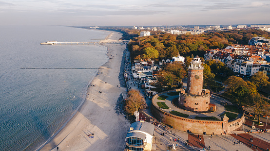 Aerial view of harbour, lighthouse and pier in Kolobrzeg, Poland.