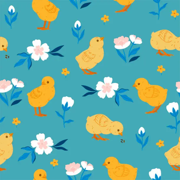 Vector illustration of Seamless pattern with baby chickens and flowers. Vector graphics.