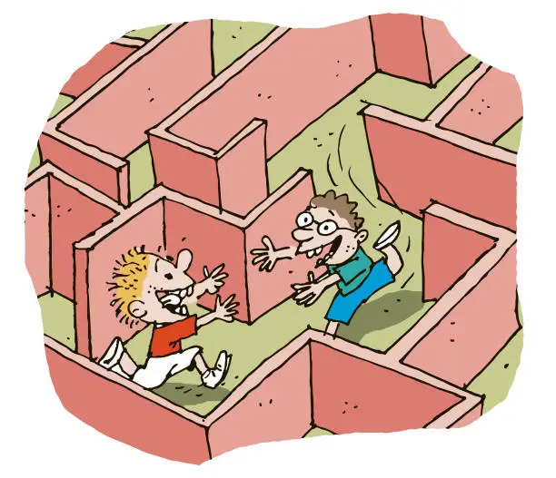 Vector illustration of Two Kids Finding Each Other In the Maze