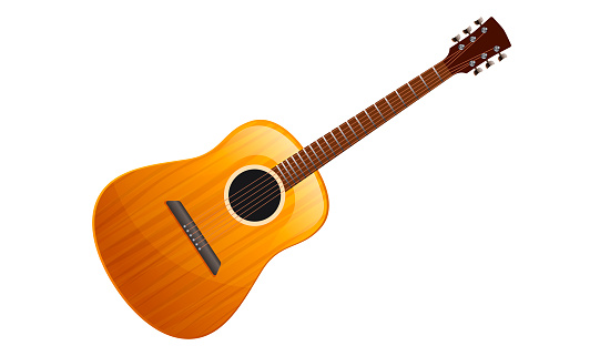 Acoustic guitar in realistic flat style. Classic stringed hobby musical instrument isolated on white background. Brown wooden vintage design. Equipment for pop concert, jazz music. Vector illustration