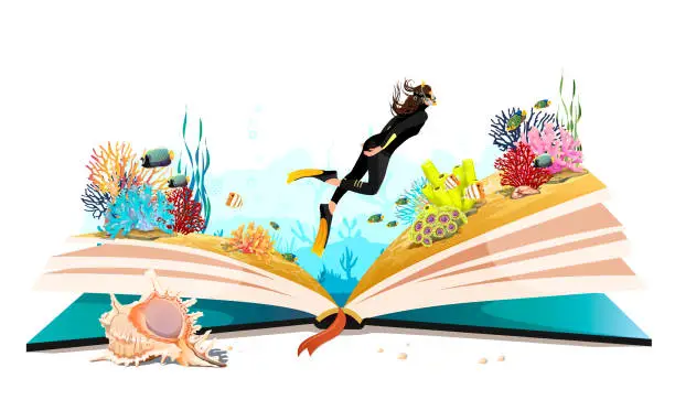 Vector illustration of Open book with ocean fantasy concept. Diver in underwater world with different fish, sea weed, corals reef on colorful page. Summer travel adventure. Read Journey story in cartoon. Vector illustration