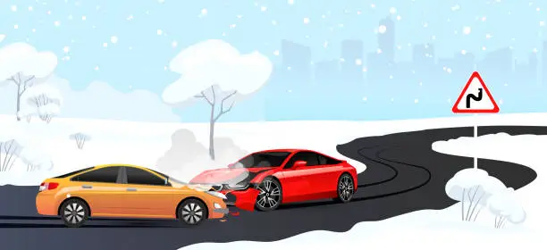 Vector illustration of Car accident on country slippery road in winter. Template banner safe driving. Red sport car hit in orange car. Broken vehicle with crash of bonnet, bumper and smoke from engine. Vector illustration