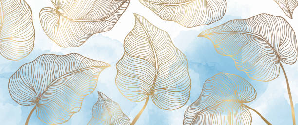 istock Abstract luxury watercolor illustration with golden palm leaves on a blue background for decor, covers, wallpapers, presentations 1475218303