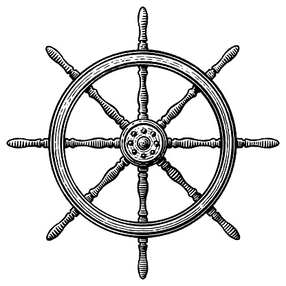 Old, engraving style illustration of a steering wheel