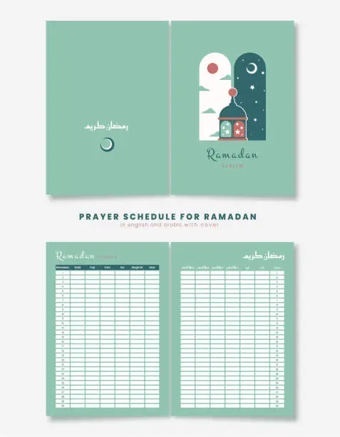 Vector illustration of Ramadan prayer schedule with lantern and stars. Planner of the vector calendar for Ramadan in English and Arabic. Minimal design in format A4 for brochure ready for print
