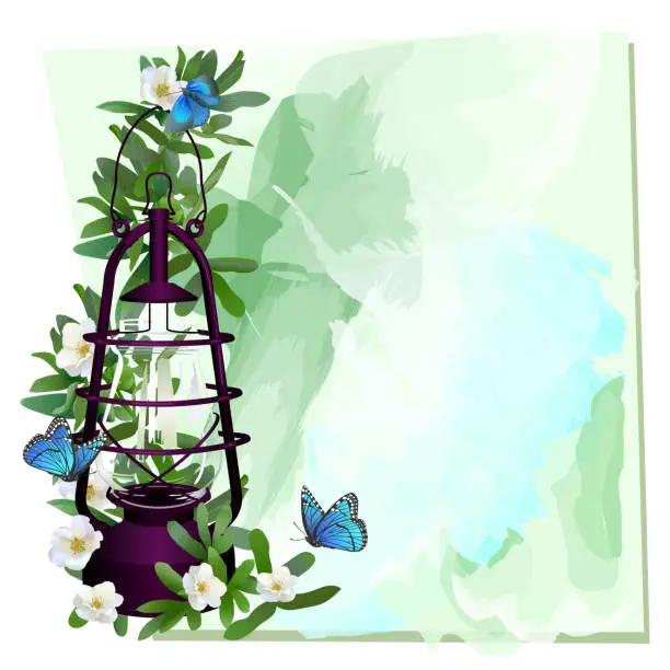 Vector illustration of postcard with an old gas lamp surrounded by leaves and beautiful white flowers