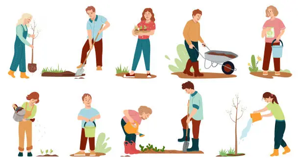 Vector illustration of Set of kids gardening vector illustration Garden work collection with happy friends children characters for nature care volunteering concepts Youth work together for a better environment