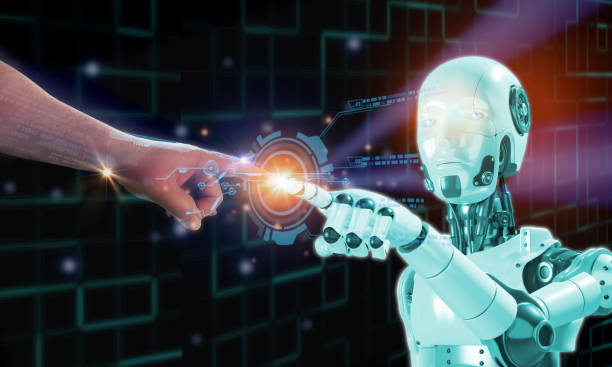 istock human finger touching 3D robotic finger at glow with element futurictic document digital icon, AI artifical intelligence emulate human work and better 1475220065
