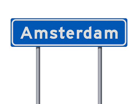 Vector illustration of the City of Amsterdam (Netherlands) entrance blue road sign on metallic poles