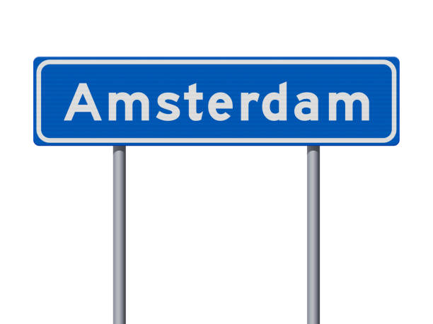 City of Amsterdam road sign Vector illustration of the City of Amsterdam (Netherlands) entrance blue road sign on metallic poles city limit sign stock illustrations