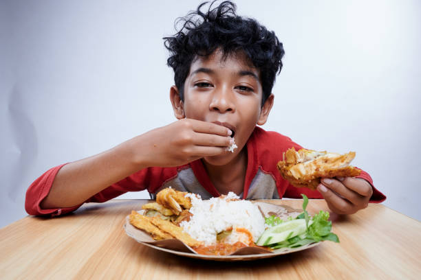 Child having Fried Chicken and rice for lunch stock photo
