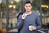 City portrait, coffee break and businessman confident, walking and on travel journey in urban San Francisco. Mockup employee, tea or relax worker, agent or person on morning commute to corporate work