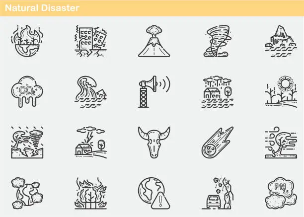 Vector illustration of Natural Disaster ,flood, tornado, wildfire, earthquake, storm, typhoon, Dust Pm2.5, volcano, global, crisis, cyclone, asteroid, weather, burning, thunderstorm Icon Set, Outline, Flat Line Icons