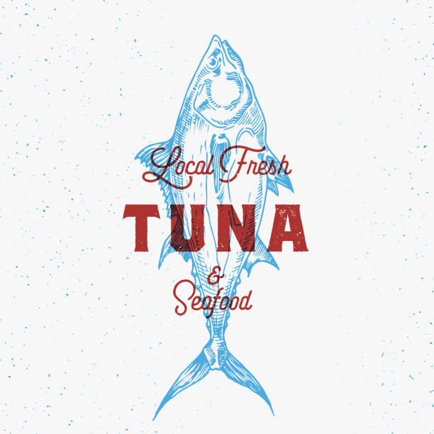 Local Fresh Tuna and Seafood. Abstract Vector Sign, Symbol or Emblem Template. Hand Drawn Tuna Fish with Classy Retro Typography. Vintage Vector Emblem with Retro Print Effect Local Fresh Tuna and Seafood. Abstract Vector Sign, Symbol or Emblem Template. Hand Drawn Tuna Fish with Classy Retro Typography. Vintage Vector Emblem with Retro Print Effect. Isolated seafood stock illustrations