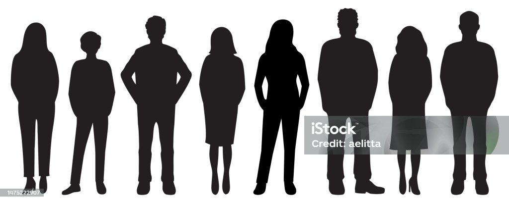 Caracteres vectoriales - siluetas. Retratos irreconocibles de mujeres y hombres. Grupo de personas. - arte vectorial de Silueta libre de derechos Caracteres vectoriales - siluetas. Retratos irreconocibles de mujeres y hombres. Grupo de personas. - arte vectorial de Silueta libre de derechos