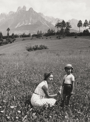 Mother with her daughter on vacation in European Alps, 1952.