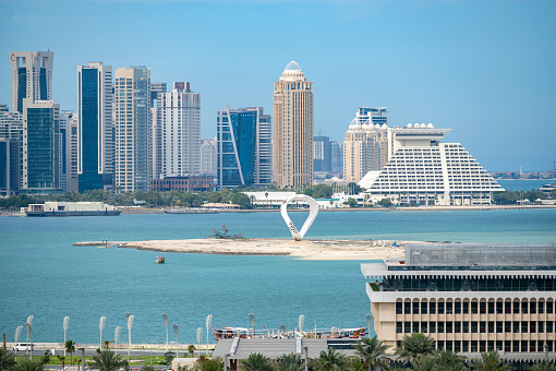 Doha, Qatar - March 19, 2023: Beautiful Aerial view of Doha Skyline from Corniche Bidda Park