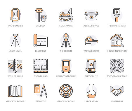 Geodesy flat line icons. Geodetic survey engineering equipment, tacheometer, theodolite, tripod. Geological research vector illustration. Construction service signs. Orange color. Editable Stroke.