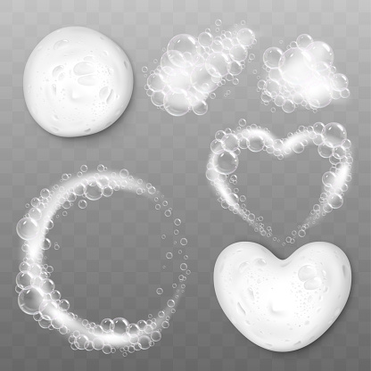 Realistic shampoo foam, cleanser foaming white texture with soap bubbles. Liquid bath cream, foams wash splashes. Foamed pithy vector elements. Illustration of foam shampoo hygiene