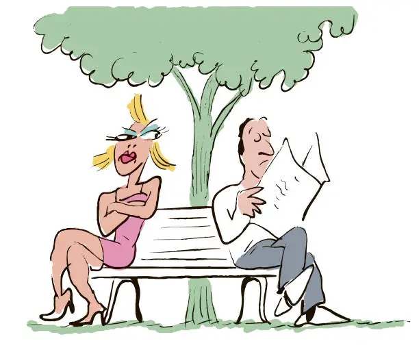 Vector illustration of Man Sitting on Bench Reading Newspaper and Woman Sitting Next to Him