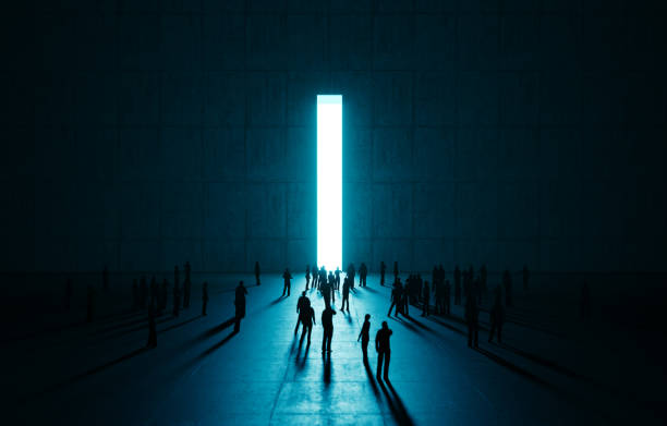 istock Human Crowd Waiting Before A Slim Door On Concrete Wall 1475230284