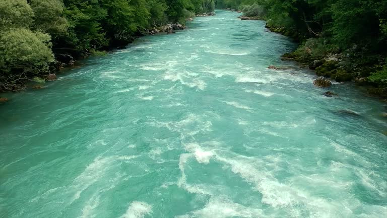 Flying Low Above Whitewater Rapids Along Mountain River