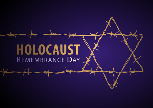 Remembering the holocaust tragedy of Jews for the Holocaust Remembrance Day that occurred during the Second World War with Star of David made from barded wire on the blue background