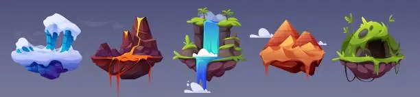 Vector illustration of Fantastic flying land platforms for game ui design