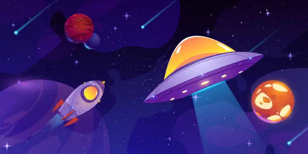 Vector illustration of Cartoon rocket and alien UFO flying in outer space