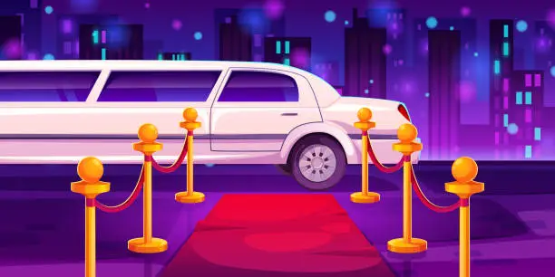 Vector illustration of Luxury white limousine car near empty red carpet