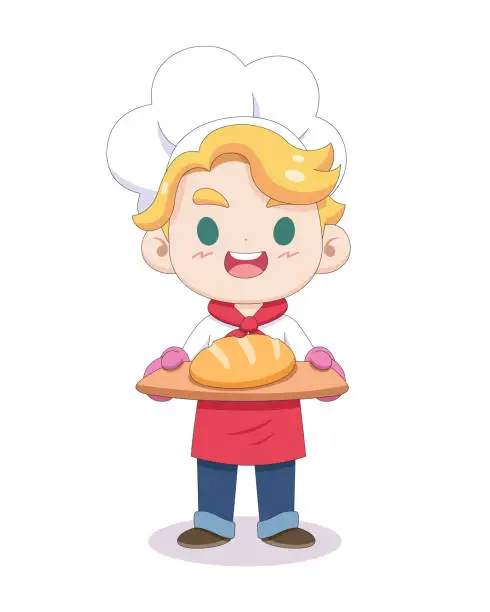 Vector illustration of Cute style baker chef presenting a bread cartoon illustration