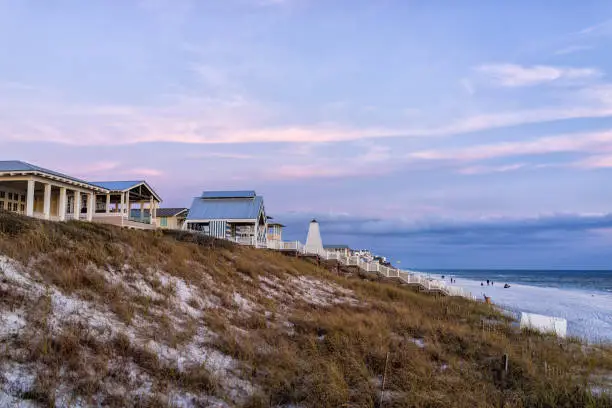 Photo of Coastline view on Santa Rosa Beach in Seaside, Florida with white sand coast in winter at Gulf of Mexico town in sunset twilight blue hour