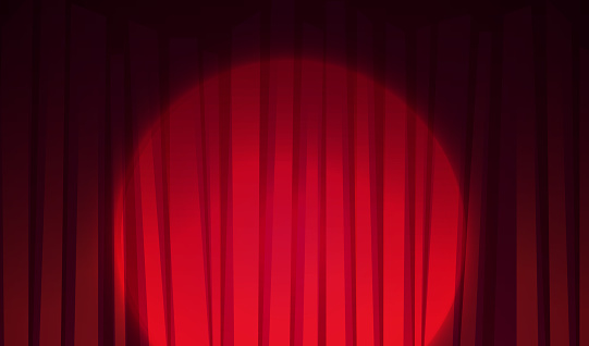 Show or festival announcement banner template. Vector cartoon illustration of closed red drapery curtains on theater or concert hall stage, illuminated by spotlight