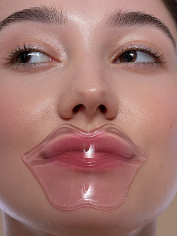 Beautiful young woman applies collagen lips patch