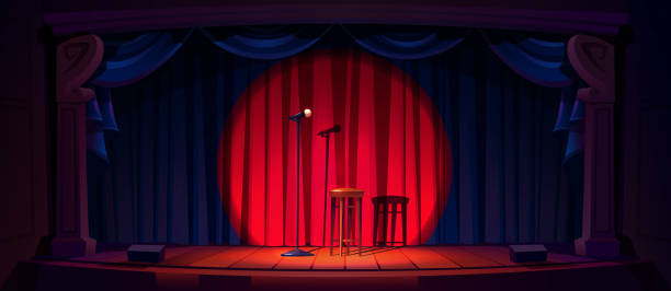 Empty stage ready for stand up show or concert Empty stage ready for stand up show or concert. Cartoon vector illustration of scene with red curtains, microphone and wooden stool in light beam. Comedy club performance comedian stock illustrations