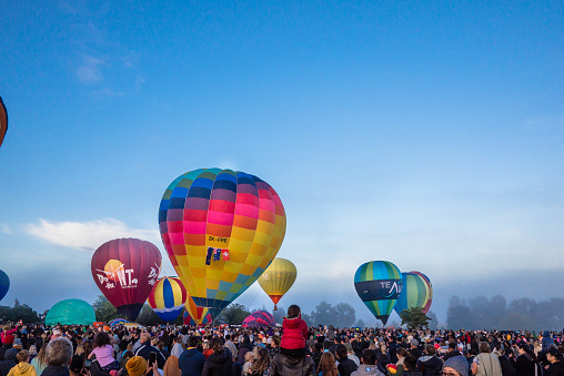 Hummeltal, Germany – July 25, 2014: ballooning festival named Montgolfiade with hot air balloons