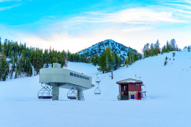 istock Lift Station with Snowy Slopes and Pine Forest Background 1475236121