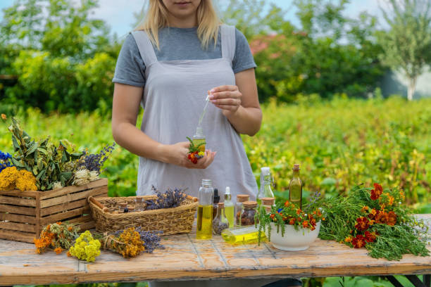 istock Woman with medicinal herbs and tinctures. Selective focus. 1475237344