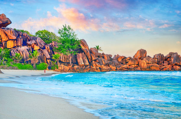 Grand Anse beach, Seychelles Seychelles is the most beautiful tropical islands of the world's in the Indian Ocean praslin island stock pictures, royalty-free photos & images