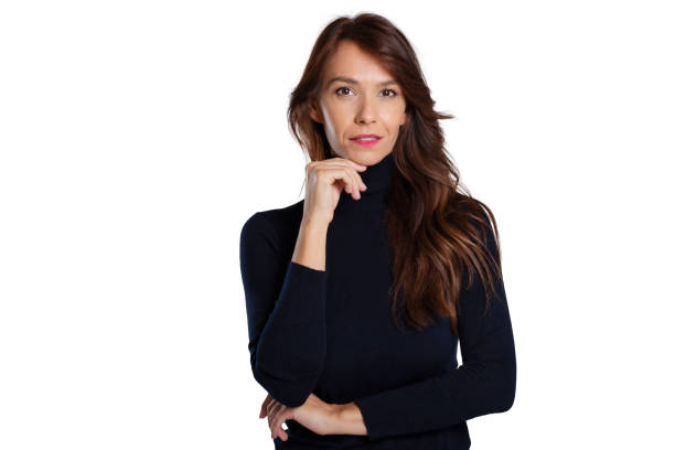 istock Beautiful middle aged woman studio portrait while standing at isolated white background 1475237783