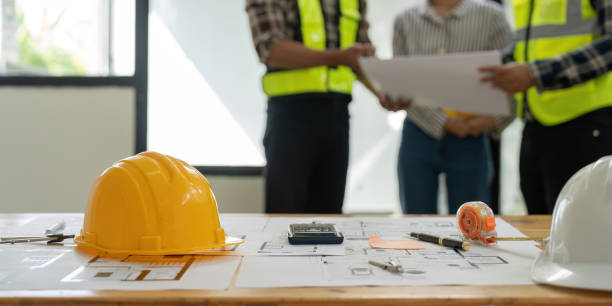 istock Cooperation Corporate Achievement Planning Design Draw Teamwork Concept. Close up blueprint on workplace 1475237871